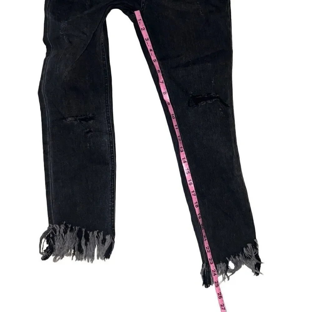 Free People Faded Black Skinny Denim Jeans Fringe Distressed Chewed Hem Sz 27